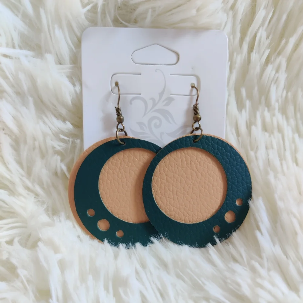 Faux Leather, Green and Beige Earrings - Picture 1 of 2